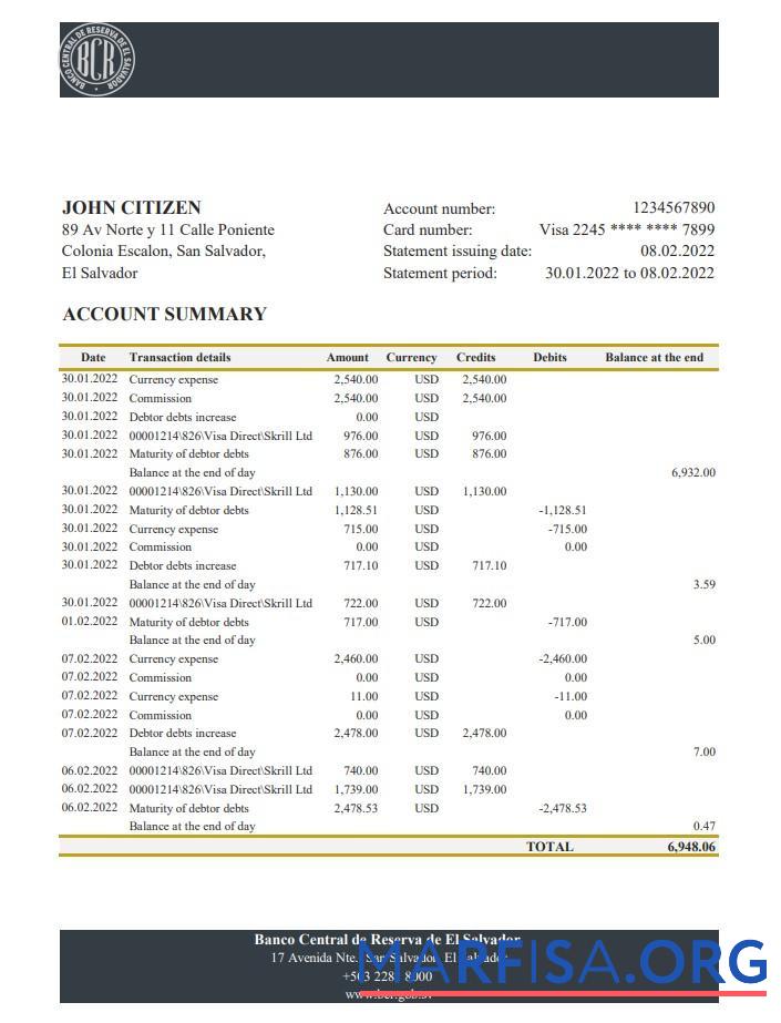 Blank Salvador Banco Central de Reserva de El Salvador bank statement excel download for verification
